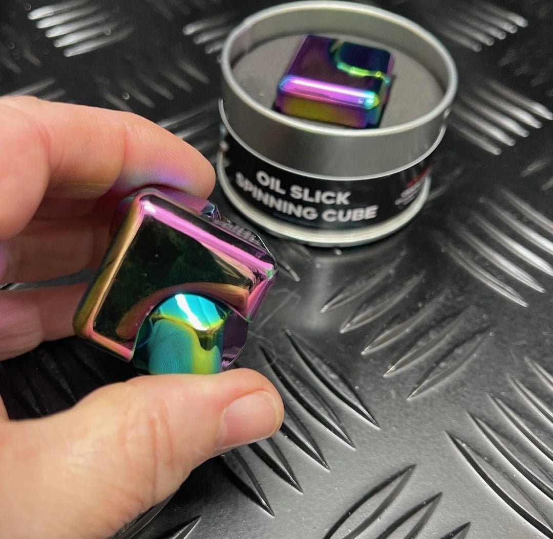 COMING SOON - SQUARE Spinning Cube in Oil SLICK in window TIN - Holey Coley