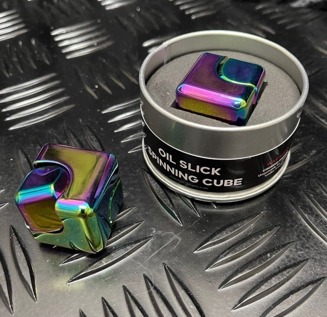 COMING SOON - SQUARE Spinning Cube in Oil SLICK in window TIN - Holey Coley