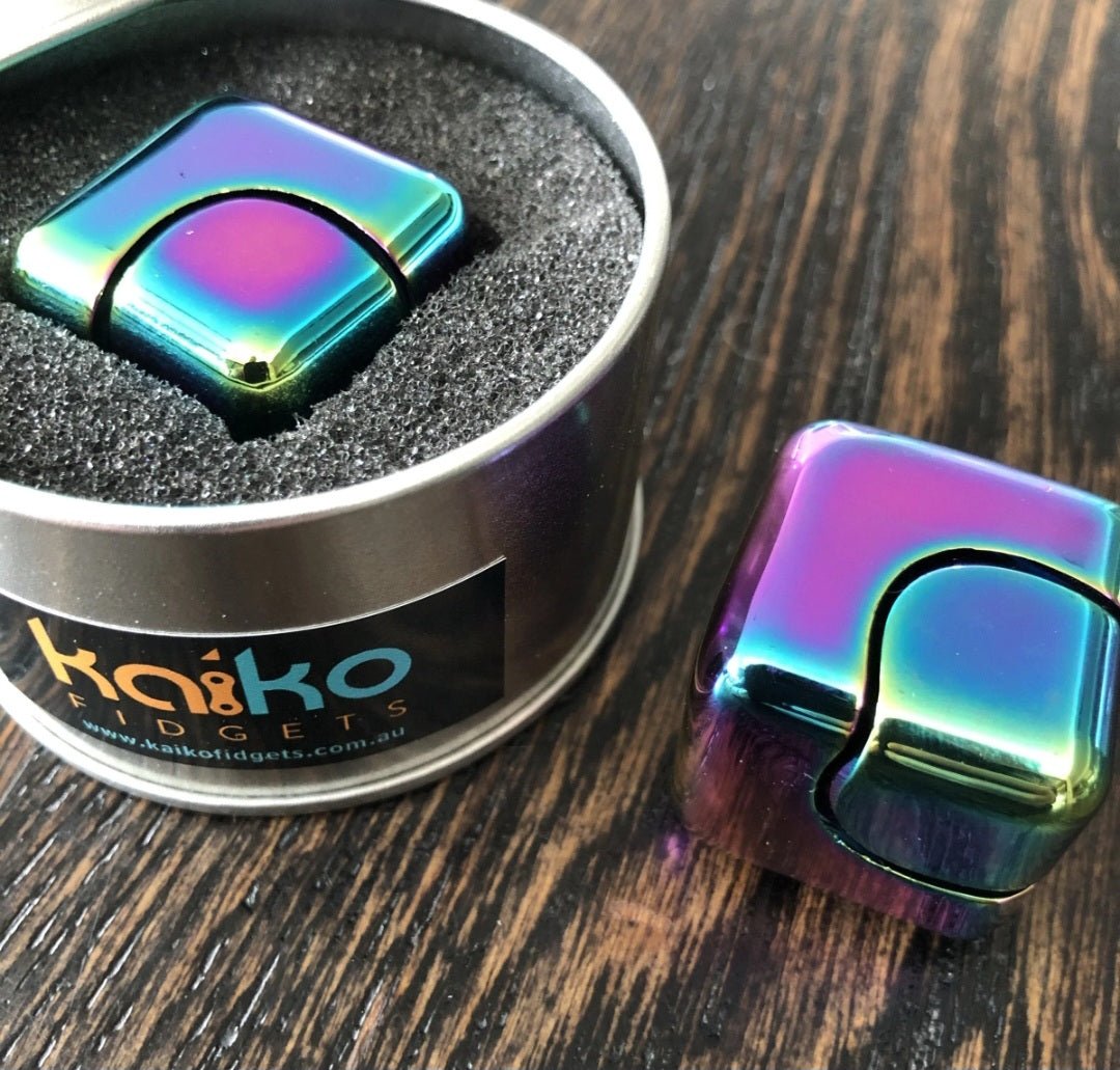 COMING SOON - SQUARE Spinning Cube in Oil SLICK in window TIN - Holey Coley